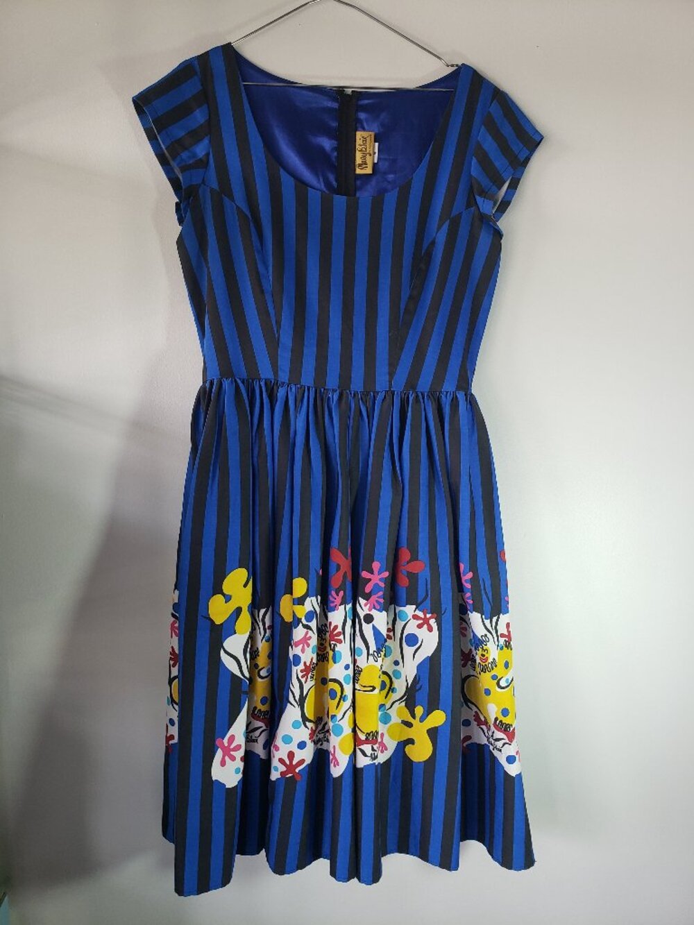 Vintage Mary Blair by Pinup Couture Blue Black Striped Flower Clown Dress